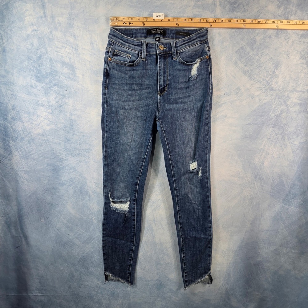Judy Blue Skinny Fit Distressed High Rise Jeans Medium Wash Raw Step Hem Size 28